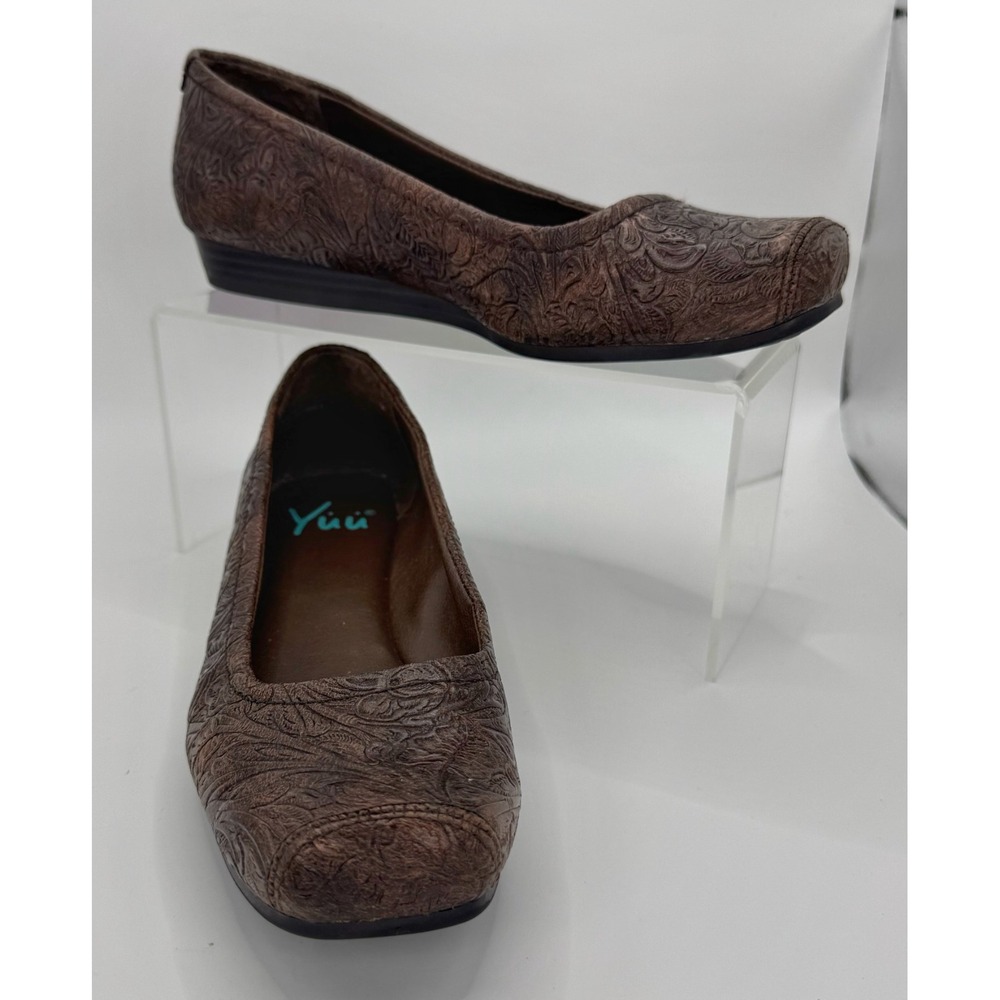 Yuu Impress Brown Tooled Floral Slip On Wedge Loafers Women's 7.5 M 16-12338